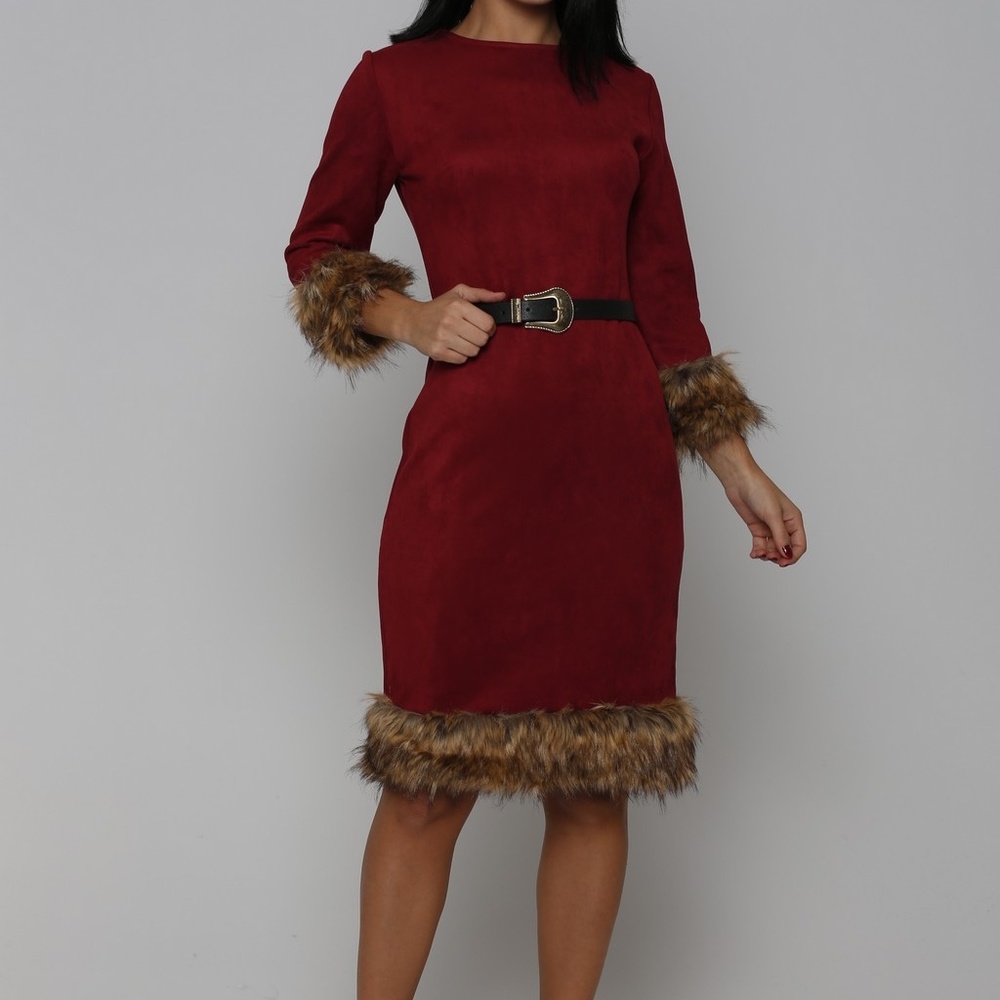 CLOSE OUT SALE RED/WINE FAUX SUEDE FUR DRESS